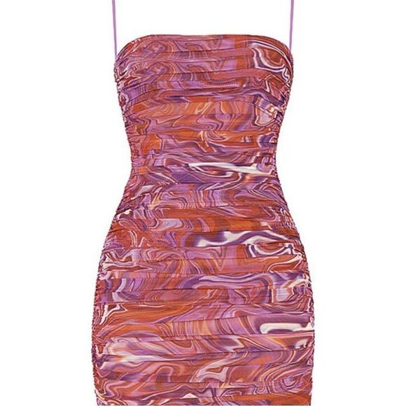 House of CB Ella Swirl  Mesh Mini Dress in Purple Pink Swirl - Picture 7 of 12